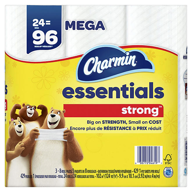 Charmin Essentials Strong 1-Ply Toilet Paper Mega Roll  429 Sheets/Roll, 24 Rolls