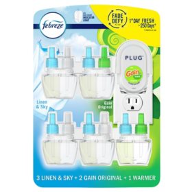Febreze Fade Defy PLUG Air Freshener, Linen & Sky + Gain Original 1 Warmer + 5 Refills