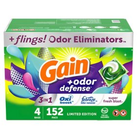 Gain Flings! Liquid Laundry Detergent Pacs + Odor Defense, Super Fresh Blast Scent (152 ct.)