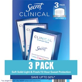 Secret Clinical Soft Solid Antiperspirant and Deodorant, Light & Fresh, 1.6 oz., 3 ct.