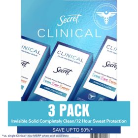 Secret Clinical Invisible Solid Antiperspirant and Deodorant, Completely Clean, 1.6 oz., 3 pk.