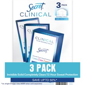 Secret Clinical Invisible Solid Antiperspirant and Deodorant, Completely Clean, 1.6 oz., 3 pk.