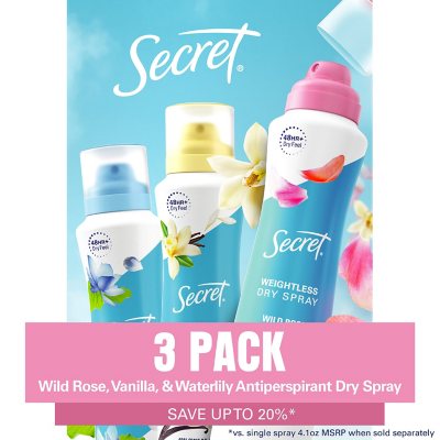 Secret Dry Spray Women's Antiperspirant Deodorant, Vanilla, Wild Rose &  Waterlily (4.1 oz., 3 pk.)