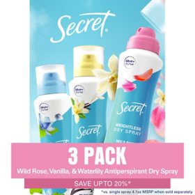 Secret Dry Spray Women's Antiperspirant Deodorant, Vanilla, Wild Rose & Waterlily, 4.1 oz., 3 pk.