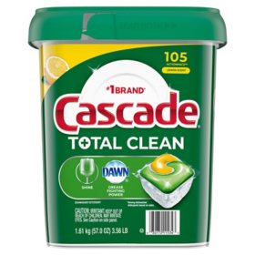 Cascade Total Clean ActionPacs Dishwasher Detergent Pacs, Lemon Scent 105 ct.