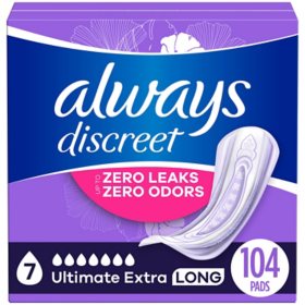 Always Discreet plus Incontinence Pads for Women, Ultimate Extra Long, 104 ct.