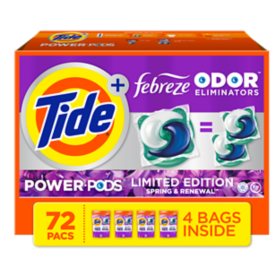 Tide Power PODS Laundry Detergent Pacs + Febreze Odor Eliminators, Spring & Renewal Scent (72 ct.)