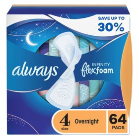 Always Infinity FlexFoam Overnight Pads with Wings, Unscented - Size 4, 64 ct.