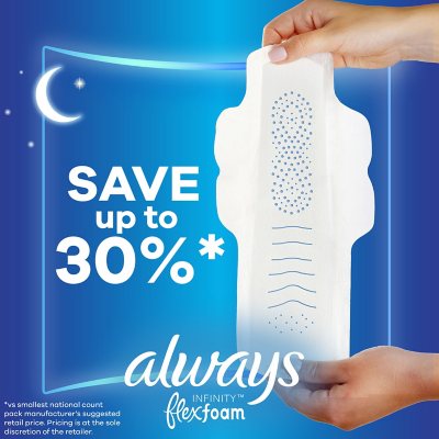 Always Infinity FlexFoam Overnight Pads with Wings, Unscented - Size 4 (64  ct.) - Sam's Club