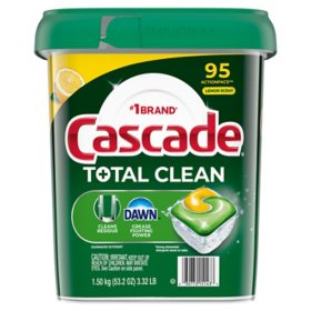 Cascade Total Clean ActionPacs Dishwasher Detergent Pacs, Lemon Scent, 95 ct.	 		 		 		 		 		