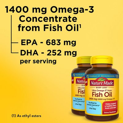Nature Made Burp-Less Fish Oil 1,200 mg. Softgels for Heart Health (2 pk.,  150 ct./pk.) - Sam's Club