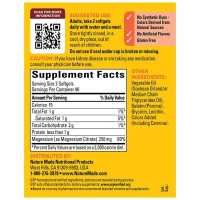 Nature Made Magnesium Citrate 250mg Softgels 180 Ct Sam S Club