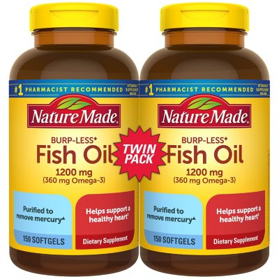 Nature Made Burp-Less Fish Oil 1,200 mg. Softgels for Heart Health (2 pk.,  150 ct./pk.) - Sam's Club