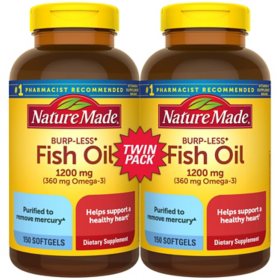 Nature Made Burp-Less Fish Oil 1,200 mg. Softgels for Heart Health 2 pk., 150 ct./pk.