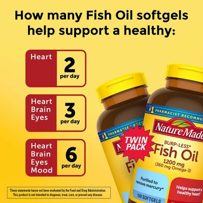 Nature Made Burp Less Fish Oil 1000 mg Softgels, Omega 3 Fish Oil  Supplements for Healthy Heart Support, Omega 3 Supplement with 150  Softgels, 75 Day