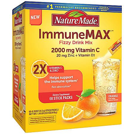 Nature Made ImmuneMAX Fizzy Drink Mix, with Vitamin C, Vitamin D and Zinc Supplement for Immune Support (60 ct.)