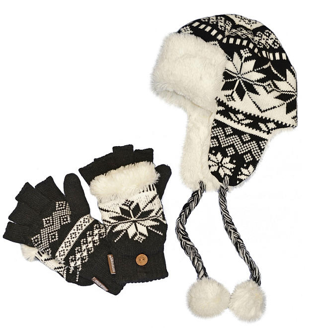 Muk Luks Knit Hat and Flip Mittens - One Size Fits Most
