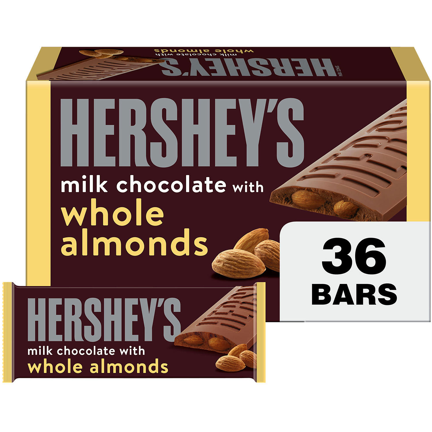HERSHEY'S Milk Chocolate with Whole Almonds Candy Bars, 1.45 oz, 36 pk.