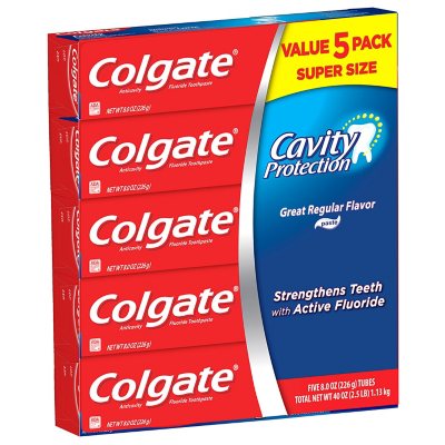 Colgate Cavity Protection Toothpaste, Anticavity Fluoride, Great Regular Flavor, Paste, Super Size - 5 pack, 8 oz tubes