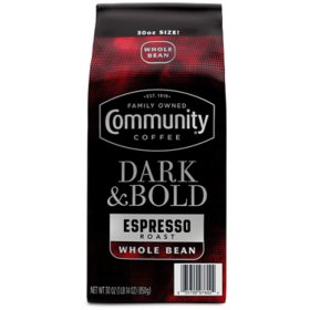 Community Coffee Dark & Bold Espresso Extra Dark Roast, Whole Bean, 30 oz.