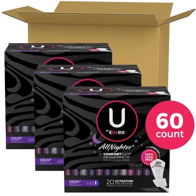 U By Kotex All Nighter Ultra Thin Pads With Wings Extra Heavy Overnight 60 Ct Sam S Club