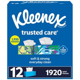 Kleenex Trusted Care 2-ply Facial Tissues, Flat Boxes 160 tissues/box, 12 boxes