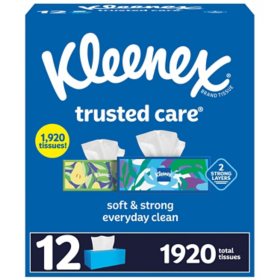 Kleenex Trusted Care 2-ply Facial Tissues 12 boxes, 160 tissues/box