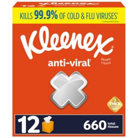 Kleenex Anti-Viral 3-Ply Facial Tissues, Cube Boxes (55 tissues/box, 12 boxes)