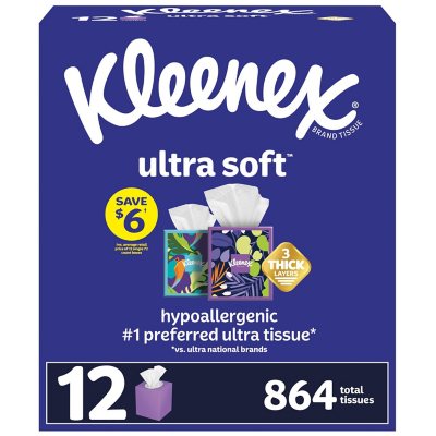 Kleenex Ultra Soft 3-Ply Facial Tissues, Cube Boxes (72 tissues/box, 12  boxes) - Sam's Club