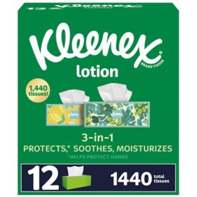 Kleenex Lotion 3-Ply Facial Tissues 12 boxes, 120 tissues/box