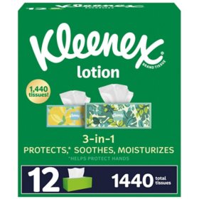 Kleenex Lotion 3-Ply Coconut Oil Facial Tissues 12 boxes, 120 tissues/box