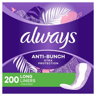 Always Anti-Bunch Xtra Protection Daily Liners, Unscented - Long (200 ct.)  - Sam's Club