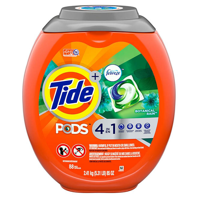 Tide PODS Plus Febreze Liquid Laundry Detergent Pacs, Botanical Rain, 88 count
