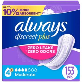 Always Discreet plus Incontinence & Postpartum Pads for Women, Moderate, 153 ct.