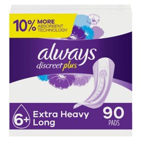 Always Discreet plus Incontinence Pads for Women, Extra Heavy Long, 90 ct.