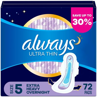 Always Ultra Thin, Size 5, Extra Heavy Overnight Pads With Wings, Unscented  (72 ct.) - Sam's Club