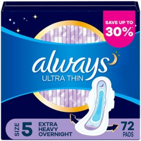Always Ultra Thin, Size 5, Extra Heavy Overnight Pads With Wings, Unscented, 72 ct. 