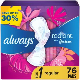 Always Radiant Regular Pads with Flexi-Wings, Scented - Size 1, 76 ct.
