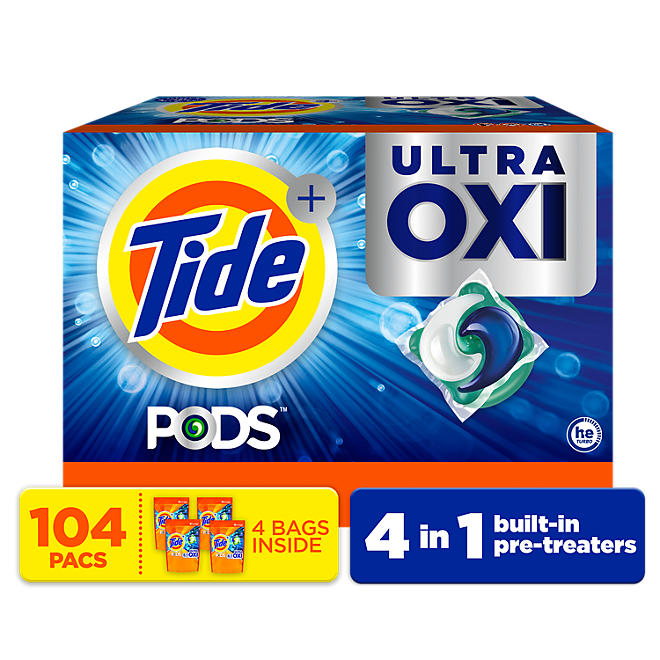 Tide PODS + Ultra Oxi Liquid Detergent Pacs, 104 ct.
