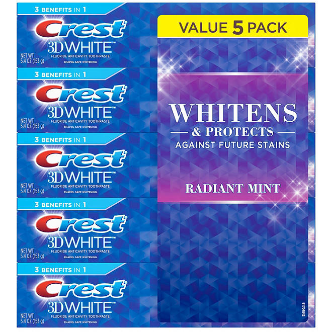 Crest 3D White Toothpaste, Radiant Mint (5.4 oz., 5 pk.)