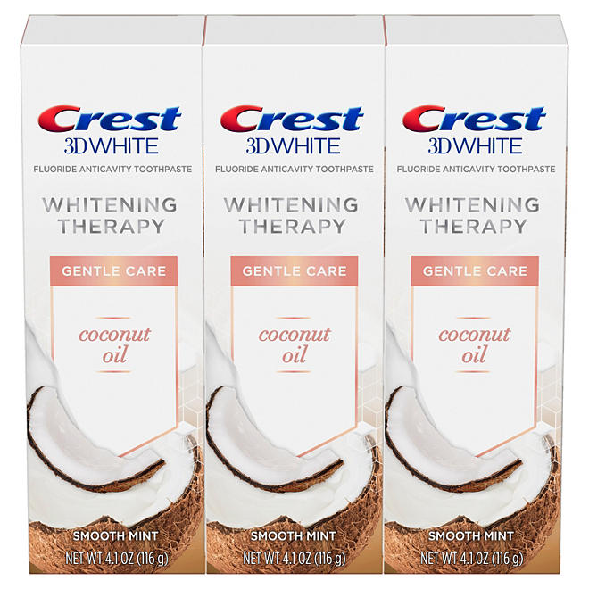 Crest 3D White Whitening Therapy Gentle Care Coconut Oil Fluoride Toothpaste, Smooth Mint (4.1 oz., 3 pk.)