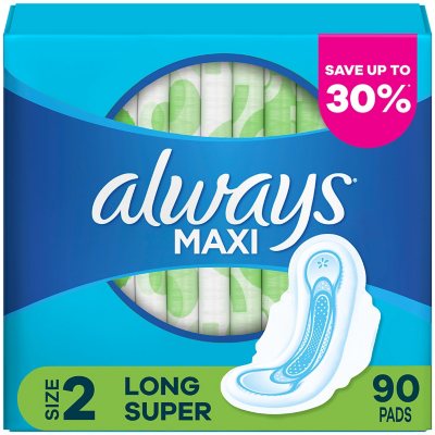 Always Maxi Long Super Pads, Unscented - Size 2 (90 ct.) - Sam's Club