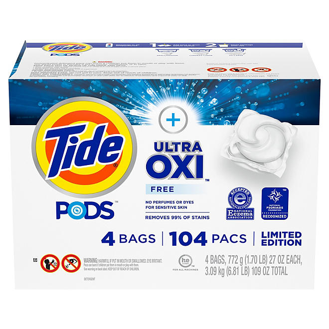 Tide Pods Plus Ultra Oxi Free Liquid Laundry Detergent Pacs, Unscented (104 ct.)