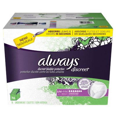 Always Discreet Underwear, Small/Medium (76 ct.) Sam's Club