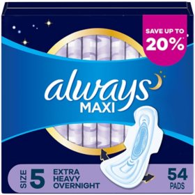 Always Maxi Extra Heavy Overnight Pads with Flex-Wings, Unscented - Size 5, 54 ct.