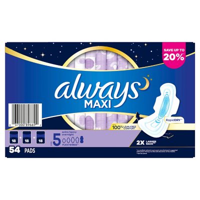 Always Maxi, Size 5, Extra Heavy Overnight Pads with Flexi-Wings,  Unscented, 27 Count. 2 Pack. (Includes (2) 27-Count Packages So You are  Getting 54 Pads Total.) Jumbo Pack. Over 4 Month Supply. 