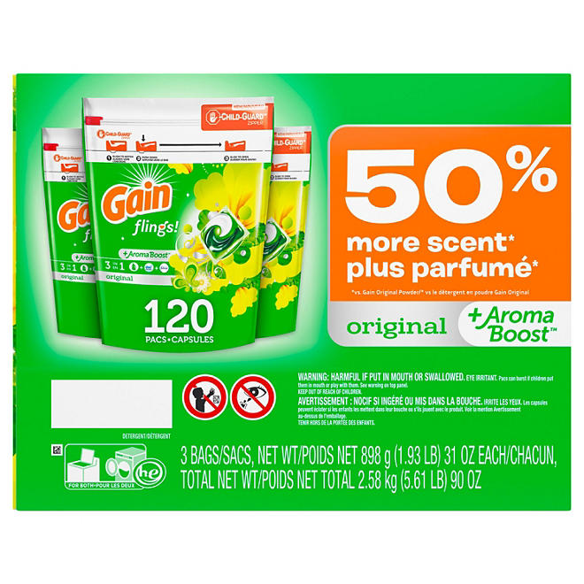 Gain flings! +AromaBoost Laundry Detergent Pacs (Original, 3 bags, 40 loads each, 120 loads total)