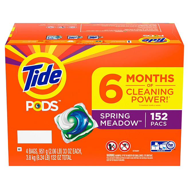 Tide Pods Laundry Detergent, Spring Meadow (4 bags, 38 pacs each, 152 Loads Total)