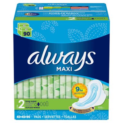 Always Maxi, Size 2, Super Pads With Wings, Unscented (90 ct.) - Sam's Club