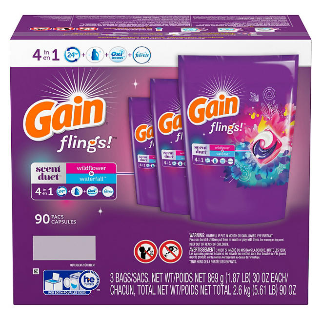 Gain Flings Scent Duets Laundry Detergent Pacs, Wildflower & Waterfall (90 ct.)